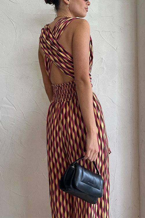 Back Criss Cross Knot Waist Wide Leg Printed Jumpsuit