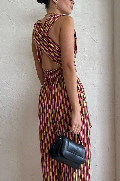 Back Criss Cross Knot Waist Wide Leg Printed Jumpsuit
