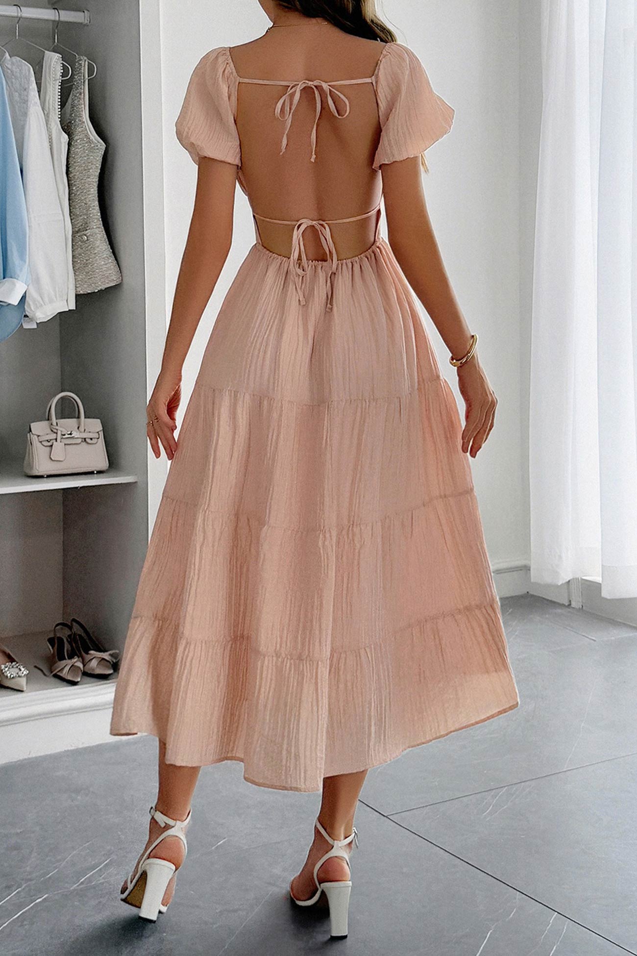 Low Cut Puff Sleeve Backless Tiered Dress
