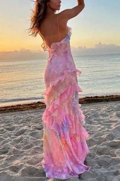 Moxidress Spaghetti Strap Backless Ruffle Trim Printed Maxi Dress
