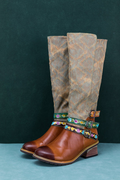 Soffia | Tri-strap Canvas Leather Knee High Boot