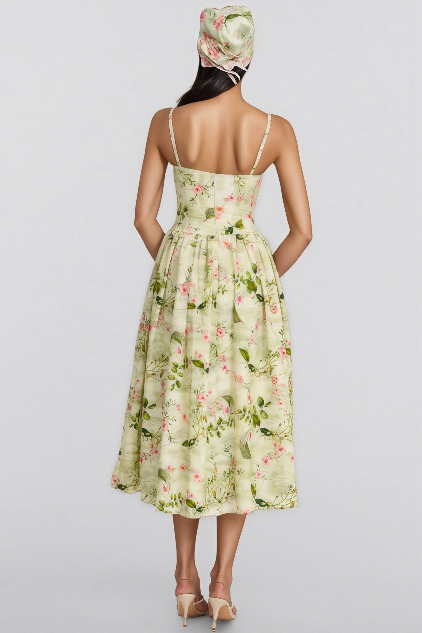 Raleign Green Print Ruched Midi Dress