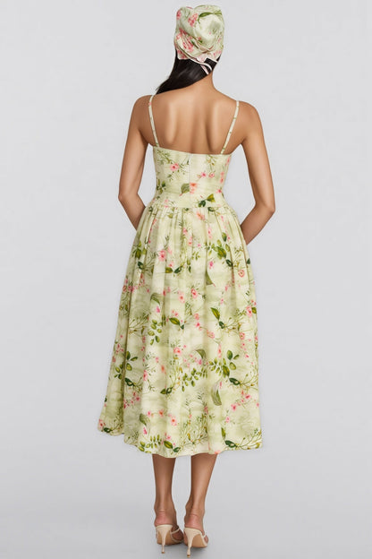 Raleign Green Print Ruched Midi Dress