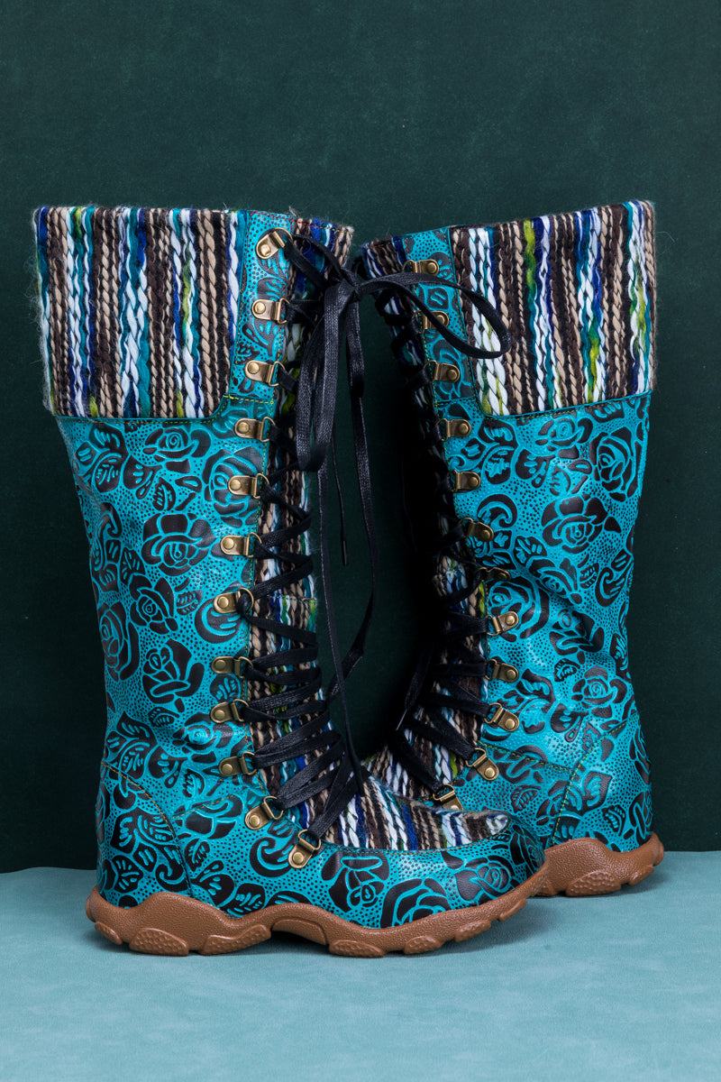 Soffia | Rose Embossed Teal Leather Tie-accent Boot