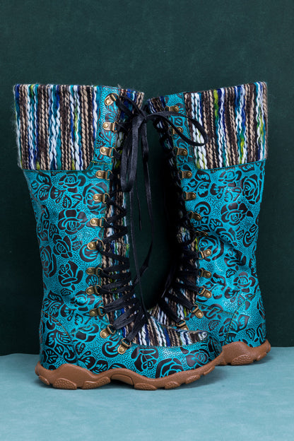 Soffia | Rose Embossed Teal Leather Tie-accent Boot