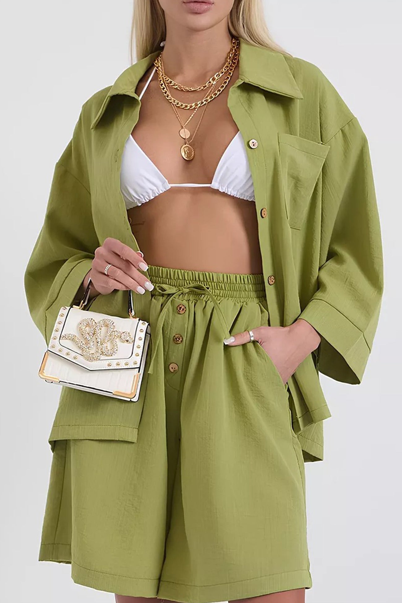 Color Shirt Single-breasted Bermuda Shorts Set