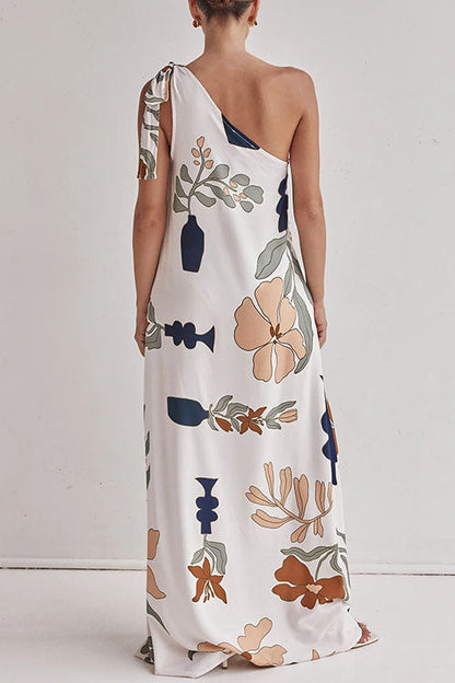 Moxidress Tie Knot One Shoulder Print Maxi Dress
