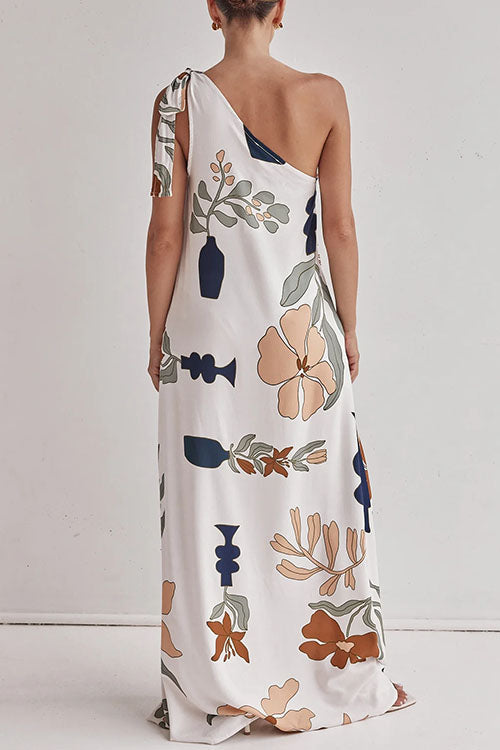 Moxidress Tie Knot One Shoulder Print Maxi Dress