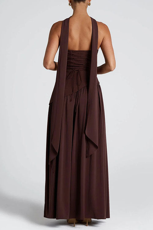 Moxidress Strapless Back Lace-up High Slit Splice Maxi Dress