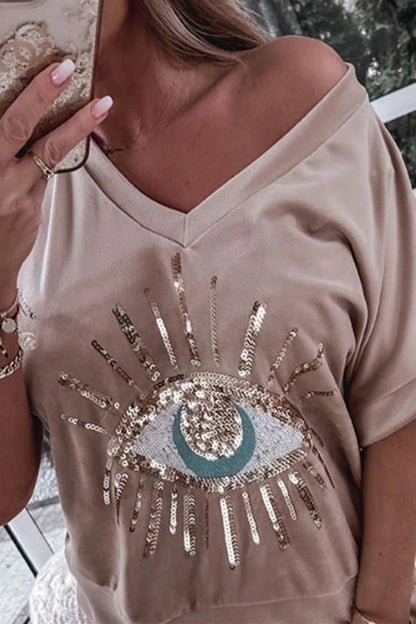 Sequin Pattern V Neck Short Sleeve Top With Pocketed Pants Set