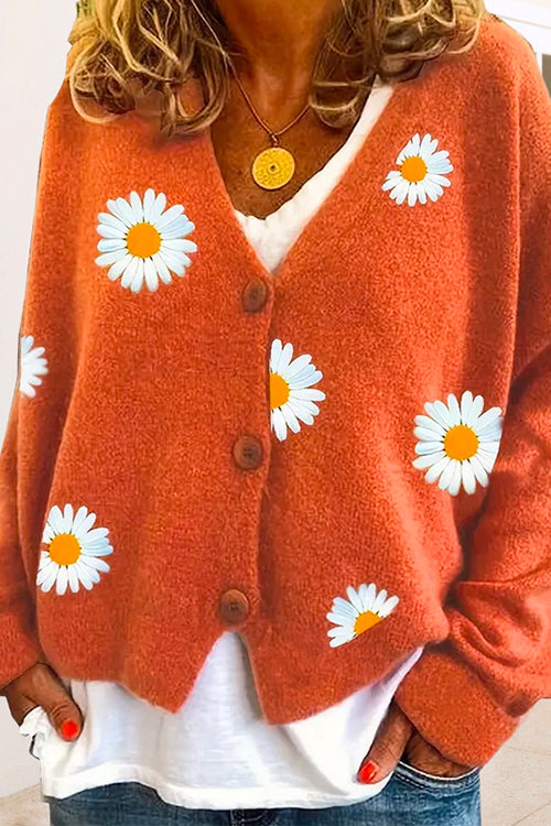 V Neck Button Up Daisy Embroidery Sweater Cardigan