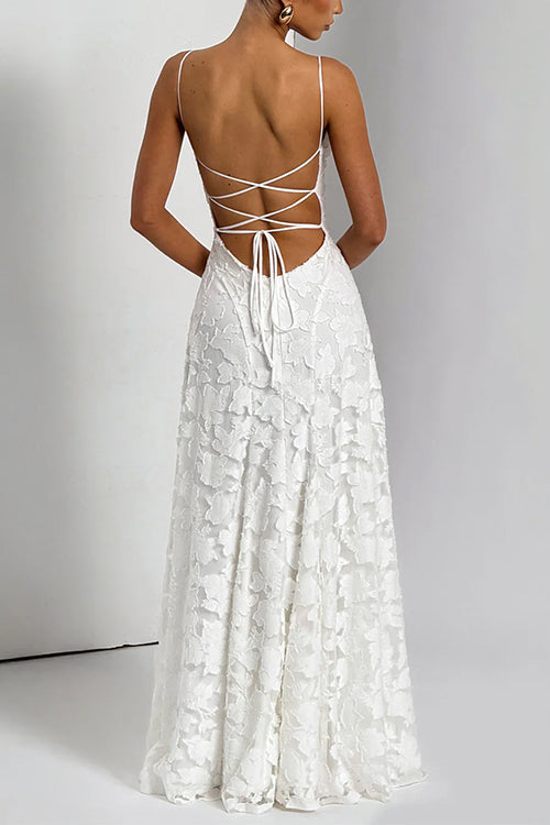 Moxidress Spaghetti Strap Backless Lace-up Jacquard Maxi Dress