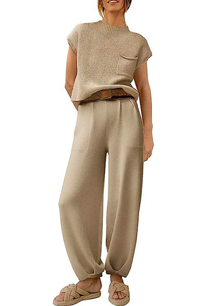 Short Sleeves Ribbed Knit Pullover Ruched Harem Pants Set