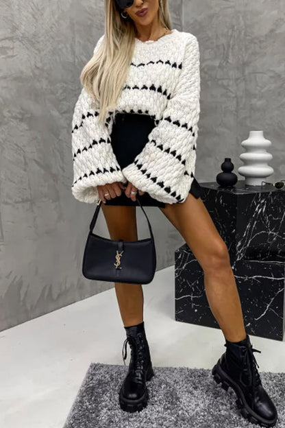 Lantern Sleeves Color Block Chunky Knit Sweater