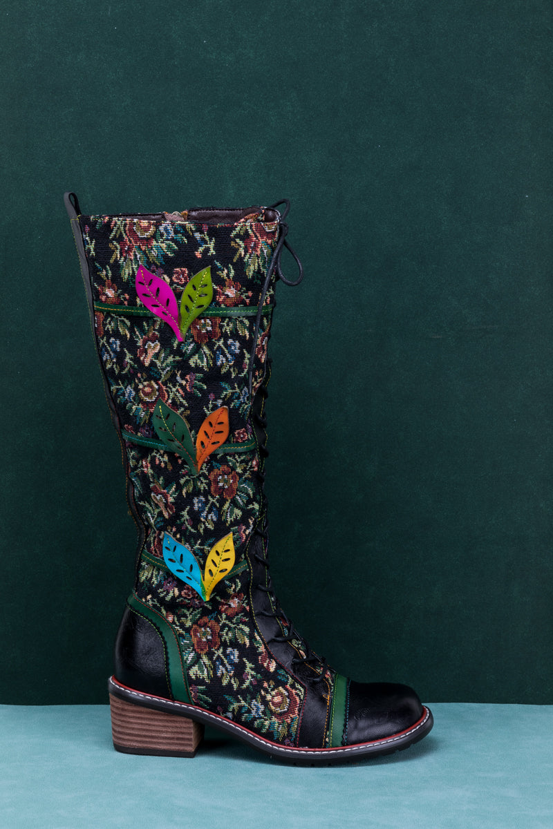 Soffia | Patchwork Applique Leather Canvas Boot