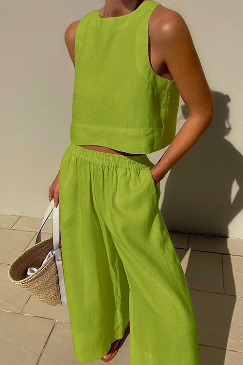 Moxidress Crewneck Crop Tank Top Elastic Waist Wide Leg Pants Set
