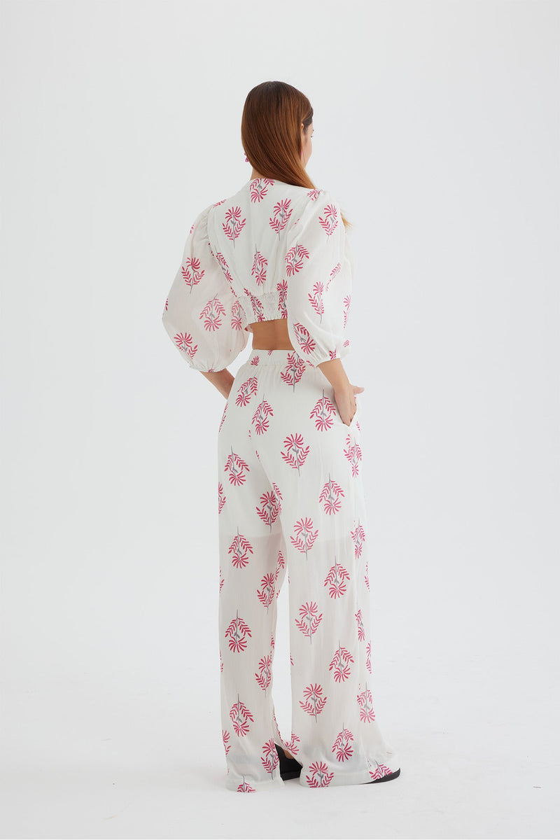 Print Puff Sleeve Knotted-front Tops Long Pants Suits