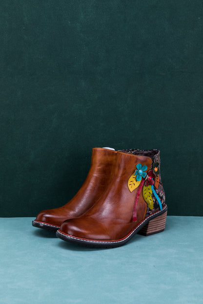 Soffia | Petal Applique Leather Ankle Boot