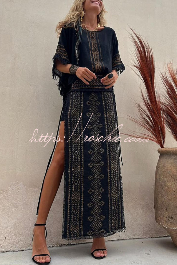 Alana Linen Blend Print Patchwork Side Lace-up Maxi Skirt