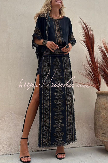 Alana Linen Blend Print Patchwork Side Lace-up Maxi Skirt