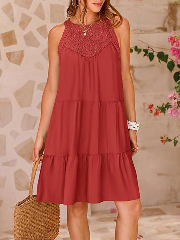 A-line Loose Hollow Pleated Color Split-joint Round-neck Mini Dresses