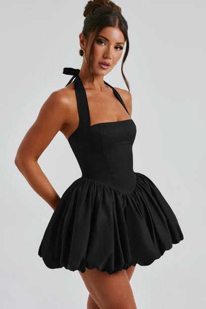 Halter Tie Bow Puffy Hem Mini Dress