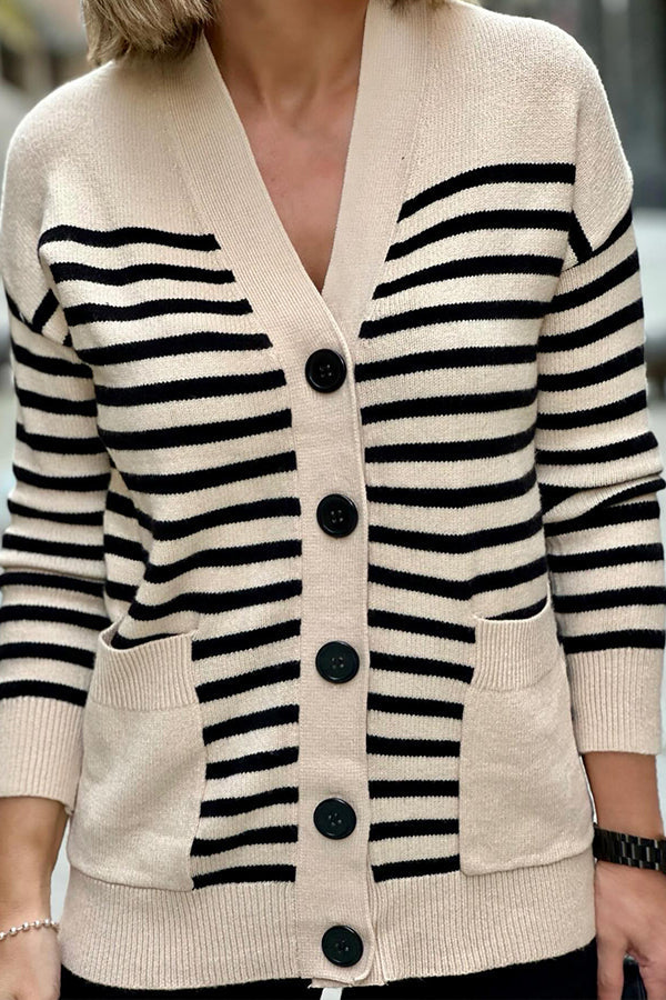 Beige Striped Simple Cardigan
