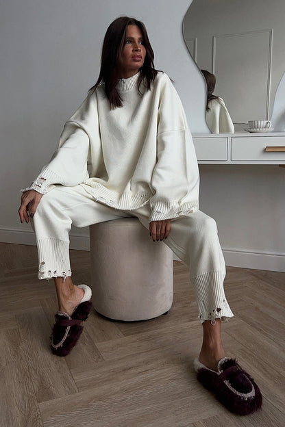 Distressed Knit Crew Neck Sweater Two Piece Set