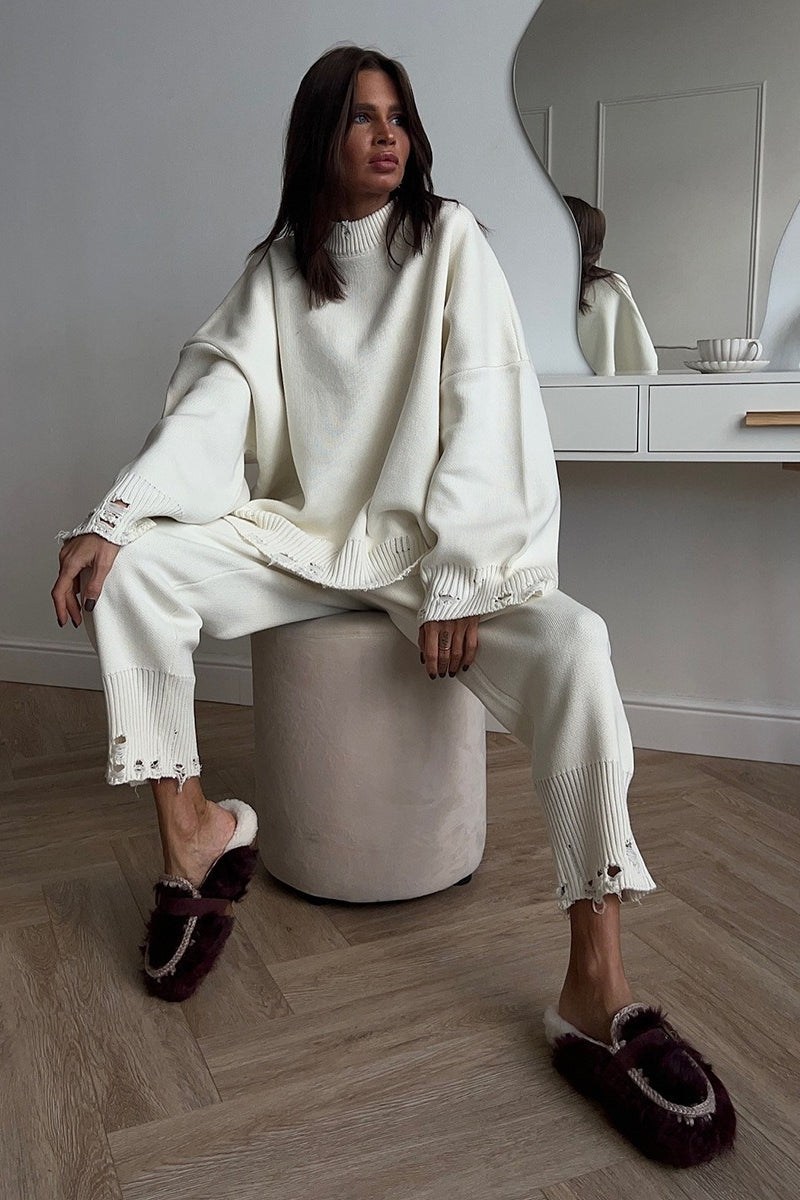 Distressed Knit Crew Neck Sweater Two Piece Set