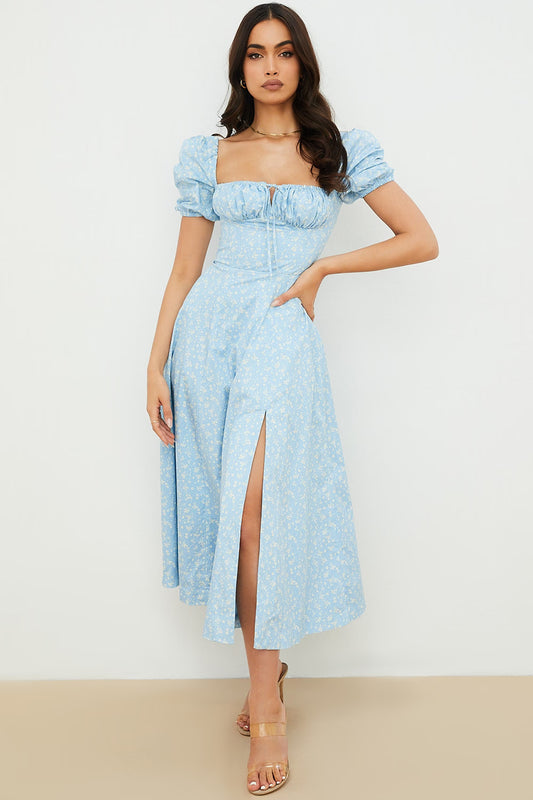 Blue Ivory Puff Sleeve Midi Dress