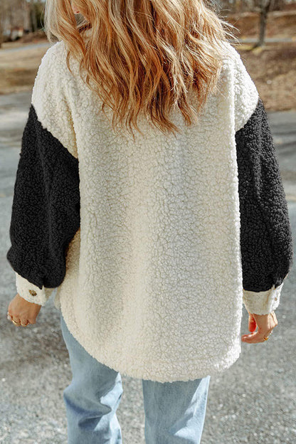 Autumn and Winter Long-sleeved Double-pocket Color-block Loose Fur Coat