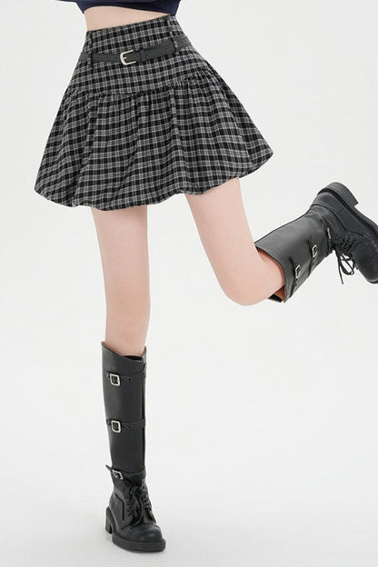 Plaid Bubble A-line Khaki Short Skirt