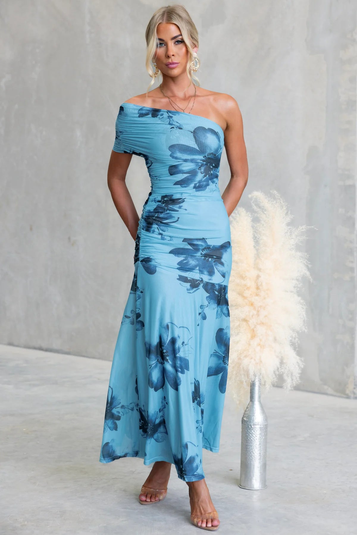 Print One-shoulder Ruched Maxi Dress