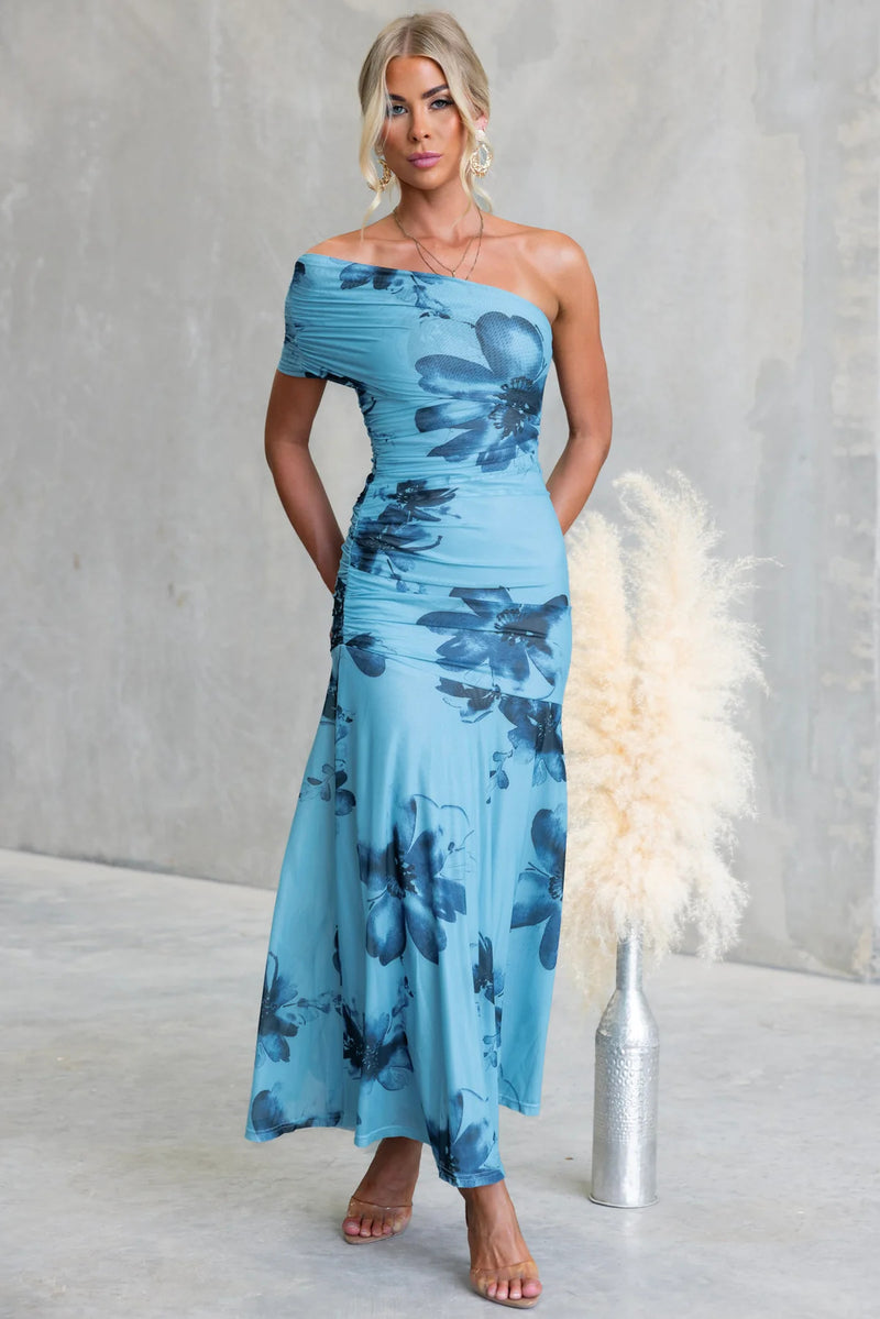 Print One-shoulder Ruched Maxi Dress