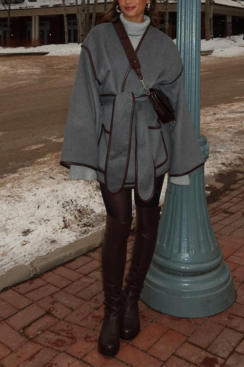 Open Front Pocketed Splice Coat With Belt