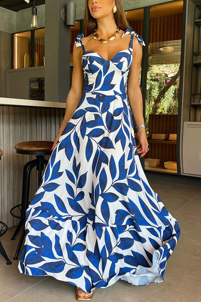 High Waisted Strappy Print Halter Panel Maxi Dress