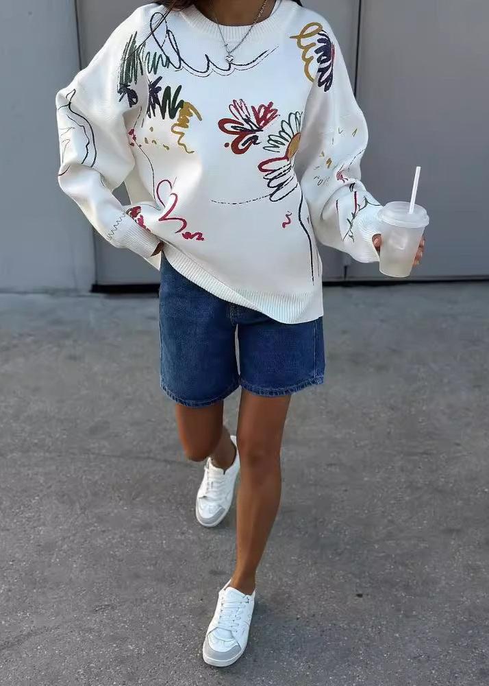 Colorful Abstract Print Crew Neck Oversized Sweater