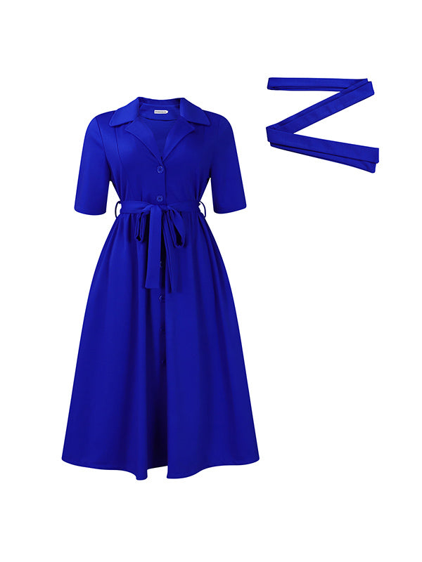 A-line Loose Pleated Pockets Color Tied Waist Notched Collar Midi Dresses