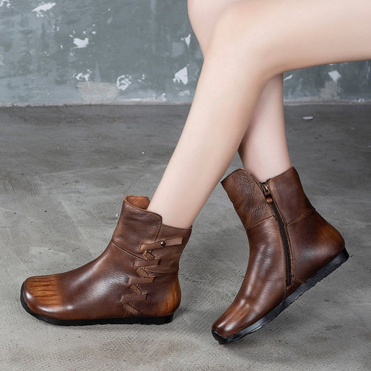 Cozy Side Zippers Leather Flats Martin Boots