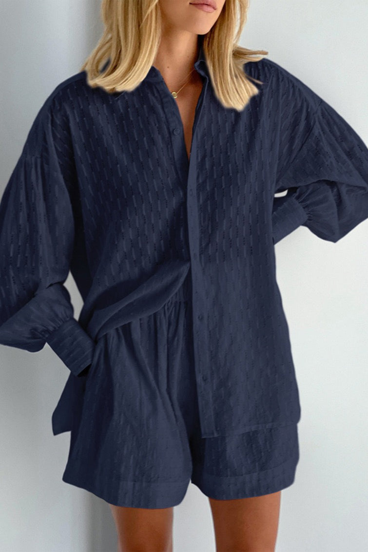 Textured Bubble Sleeve Blouse Shorts Set
