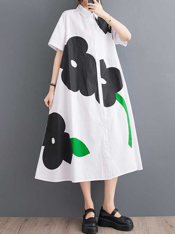 Loose Short Sleeves Buttoned Printed Lapel Collar Midi Dresses