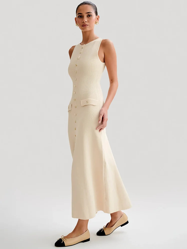 Sleeveless Buttoned Maxi Dress for Round Two Pocket Slim Knit Long Dress Knitwear New
