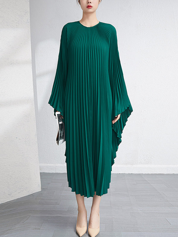 Batwing Sleeves Loose Pleated Color Maxi Dresses
