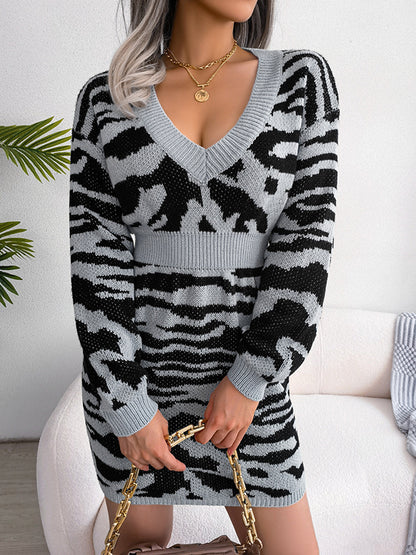 High Waisted Long Sleeves Split-joint Tiger Skin Pattern V-neck Mini Dresses Sweater Dresses