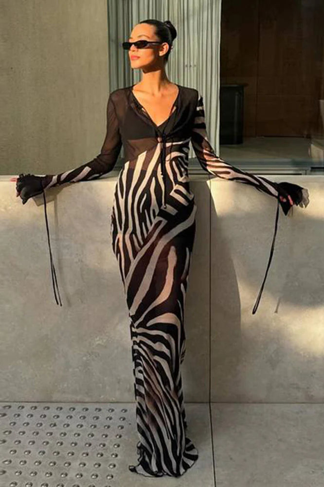 Chiffon V-neck Slim Fit Long Sleeve Maxi Dress