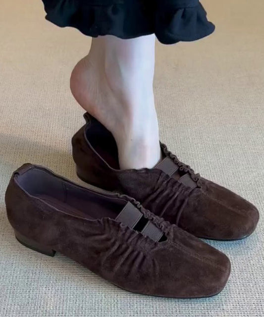 Brown Suede Wrinkled Splicing Flat Shoes for