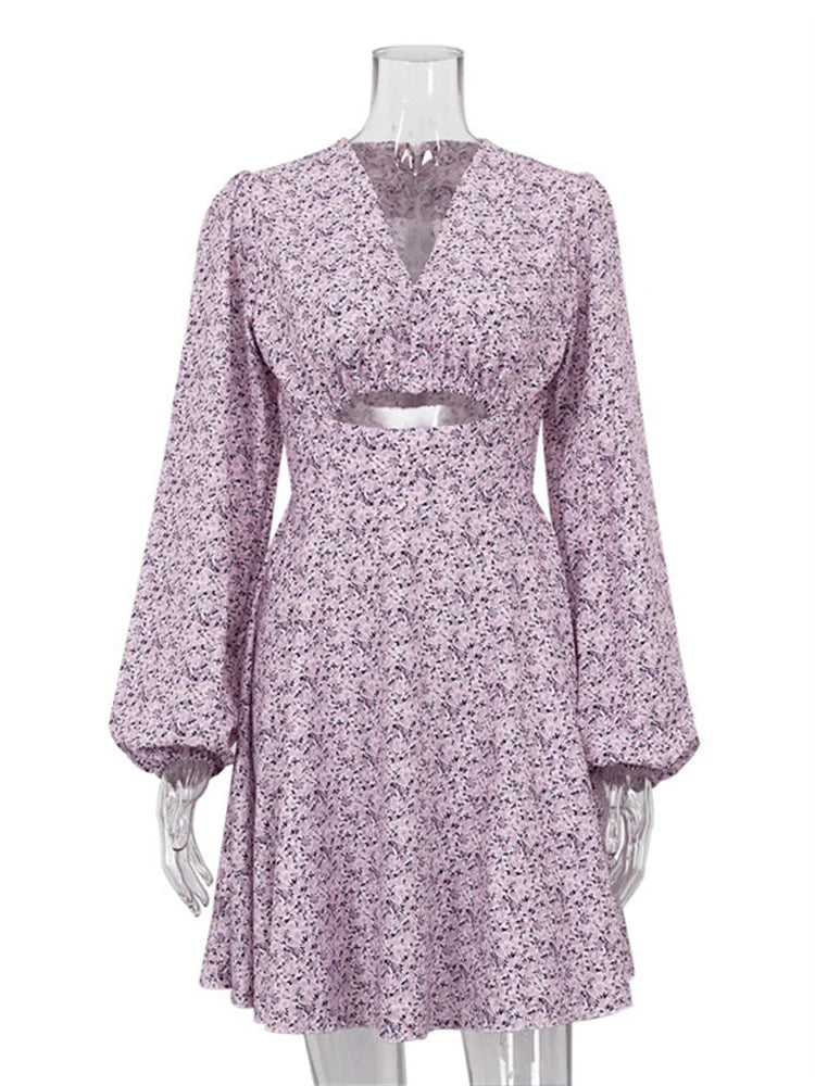 V-neck Printed Mini Dress for Summer Hollow Out Long Sleeve Dress Outfits Patchwork Slin Dress