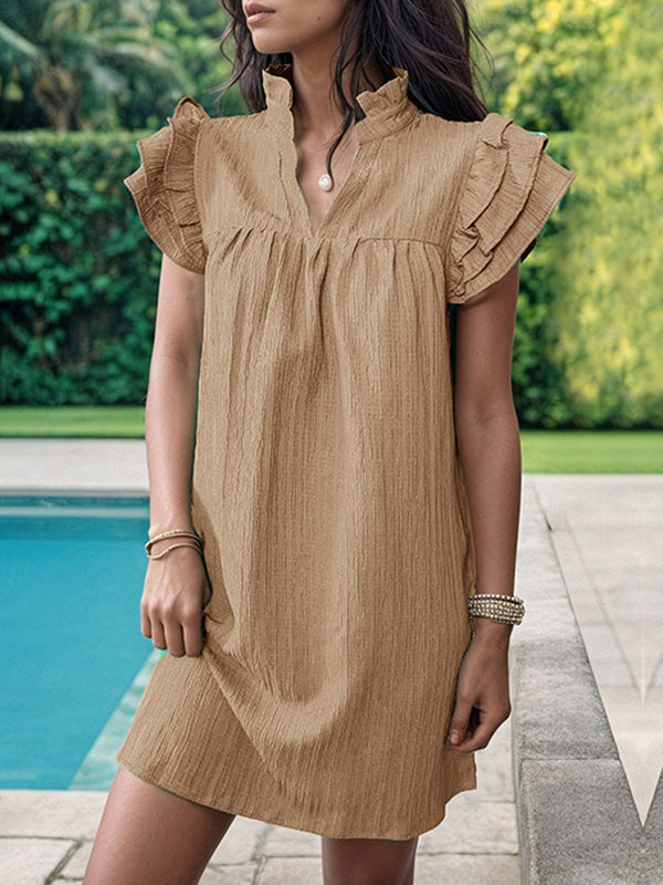 A-line Loose Ruffled Color Stand Collar Mini Dresses