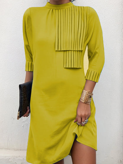 Loose Three-quarter Sleeves Buttoned Pleated Color Split-joint Tasseled Mock Neck Mini Dresses