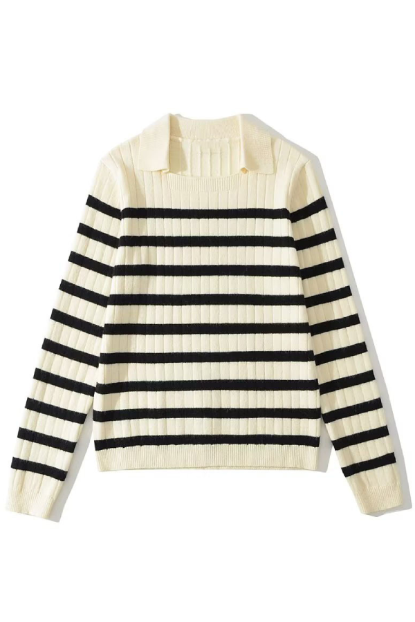Lapel Loose Striped Knit Sweater